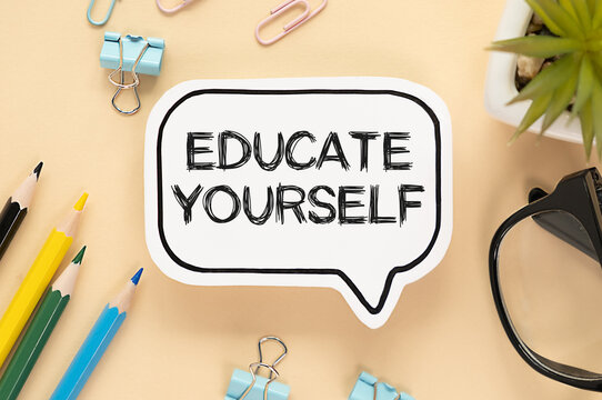 Stickers with chart,calculator and paper with text EDUCATE YOURSELF.