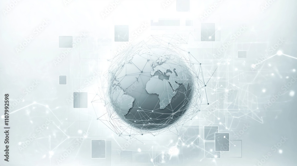 Poster Global network tech illustration. Earth globe surrounded by network lines, abstract square shapes. Global connectivity concept. Modern tech design. Digital illustration. Global communication.