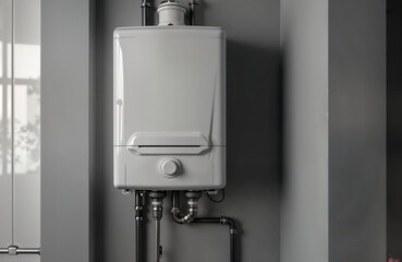 Modern wall-mounted gas water heater in monochrome bathroom interior. Stylish, functional design. Plumbing pipes connected to heater visible. Gray walls, white fixtures create clean, contemporary