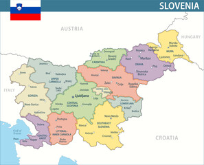 Fototapeta premium Slovenia Map Vector New 2024 Colorful - Customizable layered political map of Slovenia with administrative divisions for website, education, reports, news, politics, print, poster and wallpaper