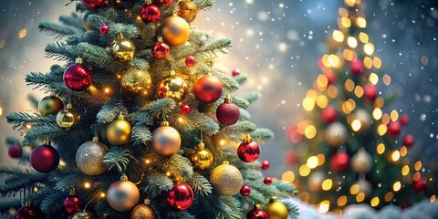 christmas tree and lights Two Christmas trees, decorated with lights and ornaments, are shown. One is in focus, the other is out of focus. Snow is visible.