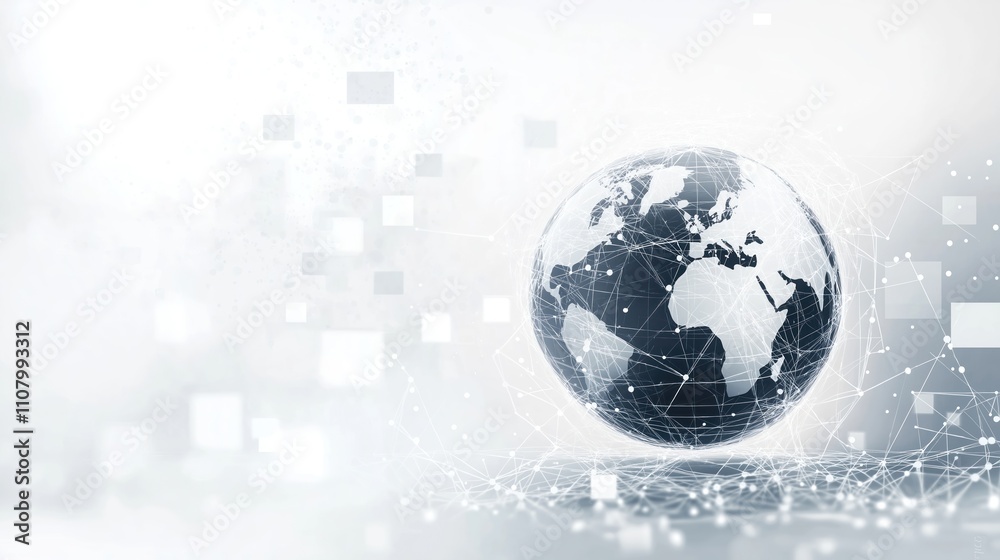 Poster Global digital network illustration. Stylized globe with network lines represents global connectivity. Abstract square patterns suggest global communication, tech trends. Image useful for tech