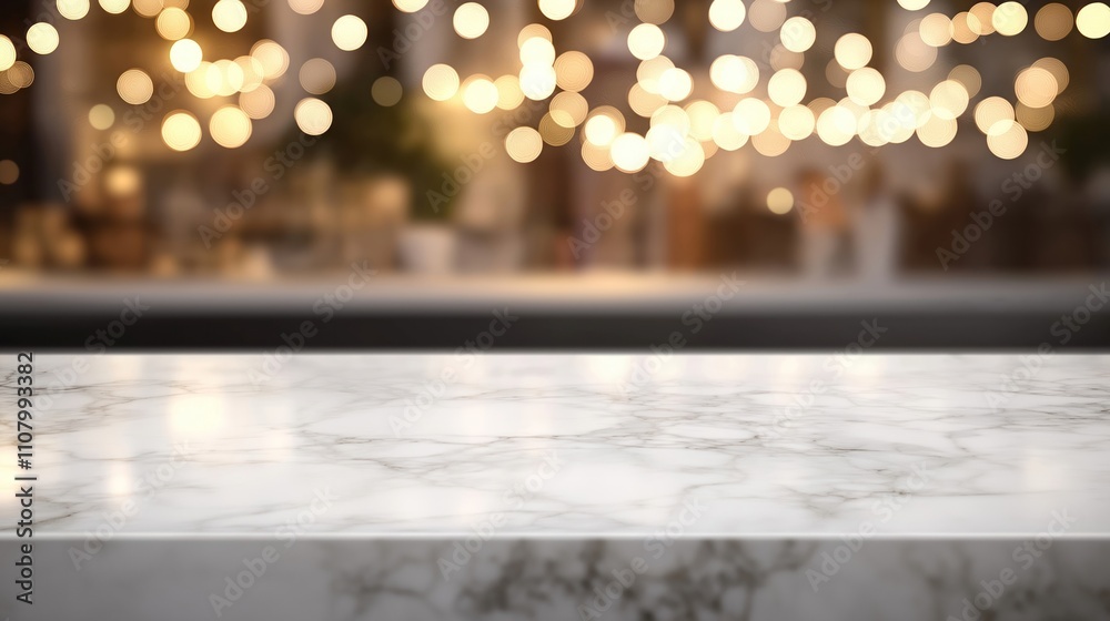 Poster empty white marble tabletop in front of blurry house kitchen background with bokeh lights. ideal for