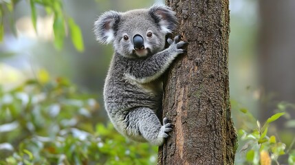Obraz premium A koala clings to a tree trunk in a natural habitat, showcasing its cute and cuddly appearance.