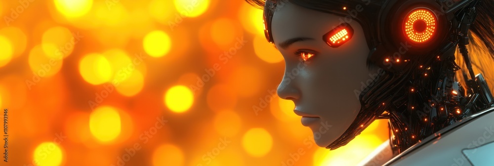 Aufkleber AI robot profile view. Nostalgic black and white style. Futuristic tech design with glowing lights. Unseen stories behind AI breakthroughs. Rear view perspective. Concept image for tech innovation.