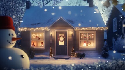 Cozy winter home with frosted windows, glowing Christmas lights around the entrance, a red wreath on the door, a cheerful snowman in the snow-covered yard, and falling snowflakes in a serene neighborh