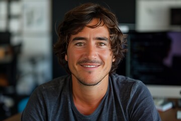 Fototapeta premium Smiling man sitting in a modern workspace.