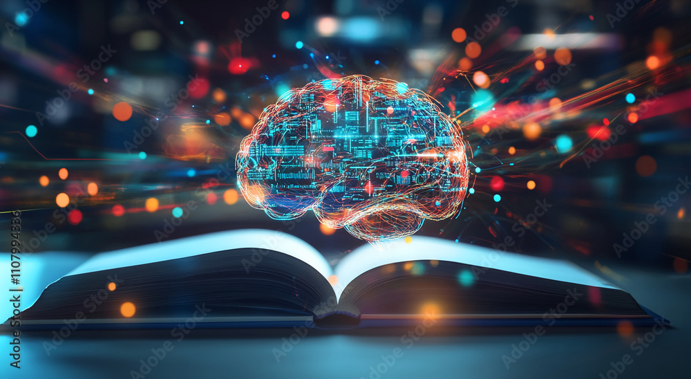 Poster Creative depiction of a brain surrounded by digital elements above an open book in a high-tech environment