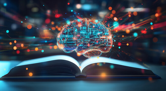 Creative depiction of a brain surrounded by digital elements above an open book in a high-tech environment