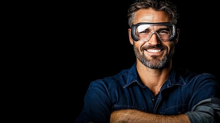 Obraz premium Smiling man wearing safety glasses on black background.