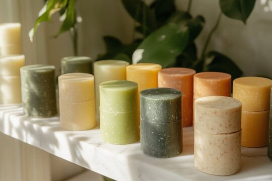 vibrant display of cylindrical shampoo bars in various earthy tones, including green, beige, yellow, and orange, stacked neatly on a bright white marble shelf