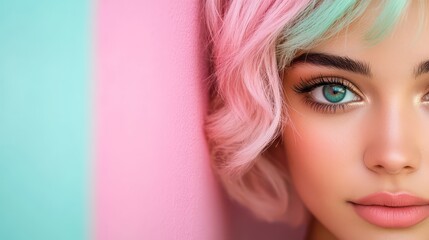 Naklejka premium Fashionable Influencer Embraces Pastel Colors With Stunning Eye Makeup and Soft Curls