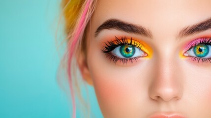 Fototapeta premium Vibrant Beauty Expression Featuring Colorful Makeup Trends With a Captivating Gaze