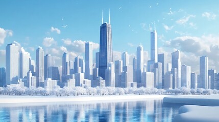 Fototapeta premium Illustration Beautiful skyline view with simple geometric buildings under blue sky. Ai generated image