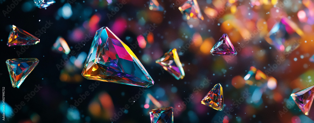 Poster colorful crystals floating in a vibrant, reflective environment during a sparkling light display
