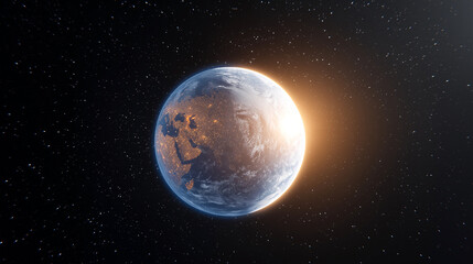 Obraz premium stunning view of Earth from space, showcasing planet vibrant colors and glowing atmosphere as sun rises on horizon