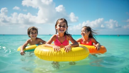 Three kids enjoy summer vacation in sea. Fun, smiling floating on colorful inflatable rings. Sunny day at beach. Kids wearing swimwear. Sea turquoise. Look happy, carefree. Beach holiday. Summer fun.