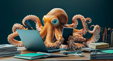 Octopus engaged in office work at a modern desk filled with papers and devices in a creative environment