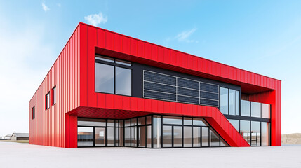 modern house with striking red exterior and large windows, showcasing unique architectural design. building features solar panels and contemporary aesthetic, perfect for innovative living