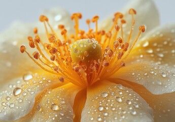 Fototapeta premium Close-Up of a Beautiful Yellow Flower with Dewdrops, Showcasing Intricate Petals and Vibrant Stamen, Perfect for Nature and Botanical Themes in Photography