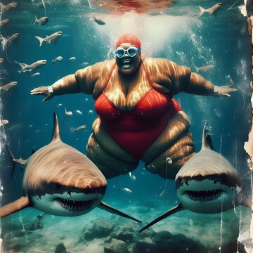 an old shabby photo of a fat laughing grandmother swimming with sharks
