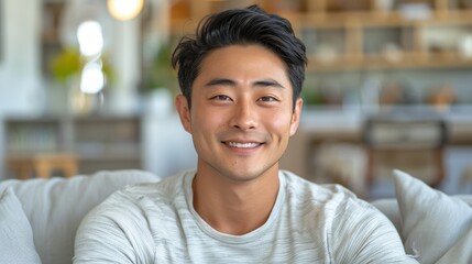 Obraz premium The image depicts a young Asian man with dark hair wearing a white shirt sitting On a couch with white pillows in a blurred room with a kitchen area in the background.