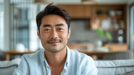 Obraz premium The image depicts a young man with dark hair and a light blue shirt seated in a living room or office space.
