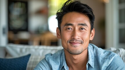 Obraz premium The image depicts a young Asian man with dark hair and a blue shirt sitting in front Of a blurred background.