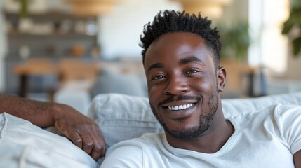 Obraz premium Smiling black man with short hair and a beard wearing a white t-shirt sitting On a couch.