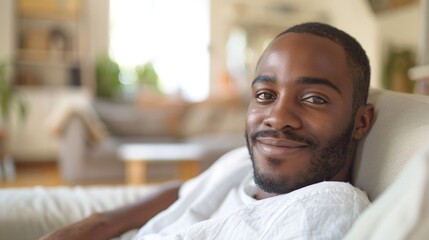 Obraz premium A portrait Of a young black man with short hair and a beard smiling at the camera while sitting On a beige couch.