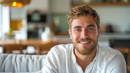Obraz premium A young man with brown hair and blue eyes is lying On his stomach On a white couch smiling gently at the camera.