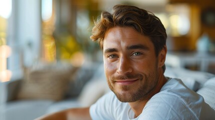 Fototapeta premium A young man with a warm smile dark brown hair and green eyes wearing a white shirt sitting in a room with a blurred background.