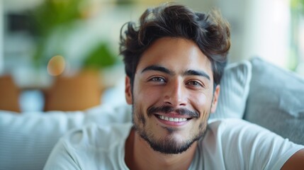 Obraz premium The image depicts a young man with dark hair and a beard wearing a white t-shirt smiling at the camera.
