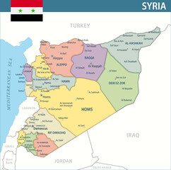 Fototapeta premium Syria Map Vector New 2024 Colorful - Customizable layered political map of Syria with administrative divisions for website, education, reports, news, politics, print, poster and wallpaper