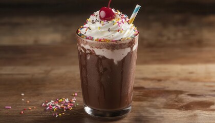 A decadent chocolate milkshake topped with whipped cream, sprinkles, and a cherry, exuding sweet temptation