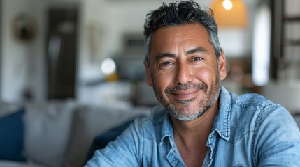 Obraz premium The image depicts a middle-aged man with short dark hair and a beard wearing a denim shirt sitting in a room with a blurred background that appears to be a living space.