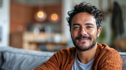 Fototapeta premium The image depicts a man with a warm smile sitting comfortably in a room with a blurred background.