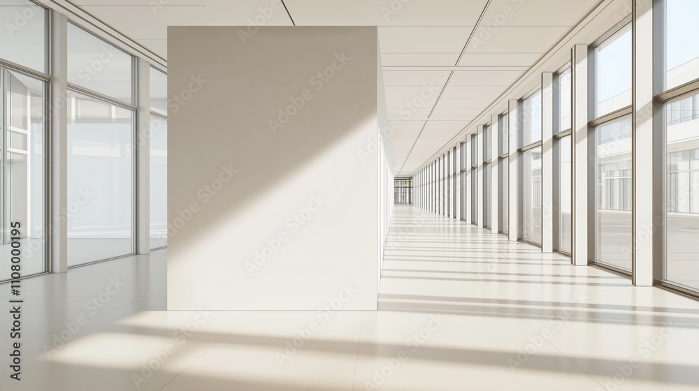 Poster empty modern office hallway with bright natural light. wide expanse of white walls, floors. long row