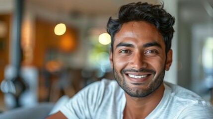 Obraz premium A young man with dark hair and a white t-shirt smiles at the camera exuding happiness and positivity.