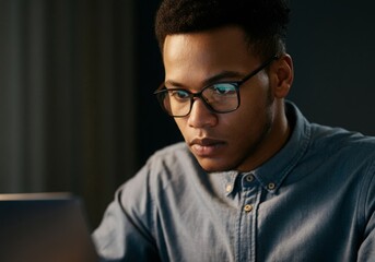 Obraz premium A close-up headshot of a focused young man looking at his laptop screen