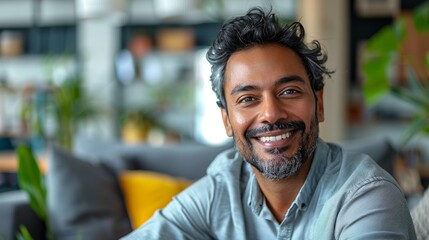 Obraz premium The image depicts a man with dark hair and a beard dressed in a light blue shirt sitting in a living room.
