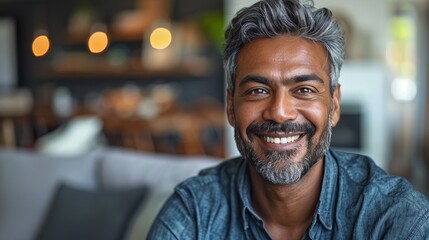 Fototapeta premium The image depicts a man with a warm smile showcasing his teeth in a blurred living room setting.