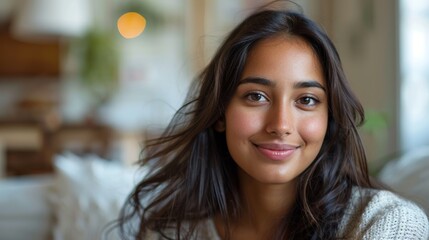 Obraz premium A young woman with long dark hair and a white sweater smiles at the camera.