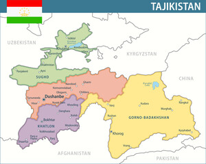Obraz premium Tajikistan Map Vector New 2024 Colorful - Customizable layered political map of Tajikistan with administrative divisions for website, education, reports, news, politics, print, poster and wallpaper