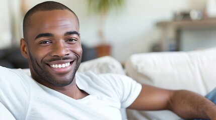 Fototapeta premium A close-up photograph Of a smiling black man sitting On a white couch.