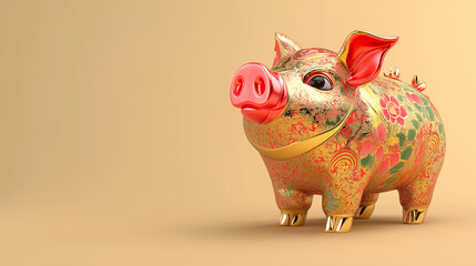 A gold and red pig with a gold collar stands on a tan background