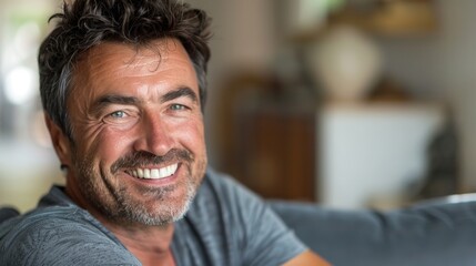 Fototapeta premium A middle-aged man with a warm smile. showcasing his teeth and wrinkles around his eyes and mouth.