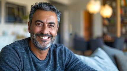 Obraz premium The image depicts a middle-aged man with a warm smile sitting On a couch in a living room setting.