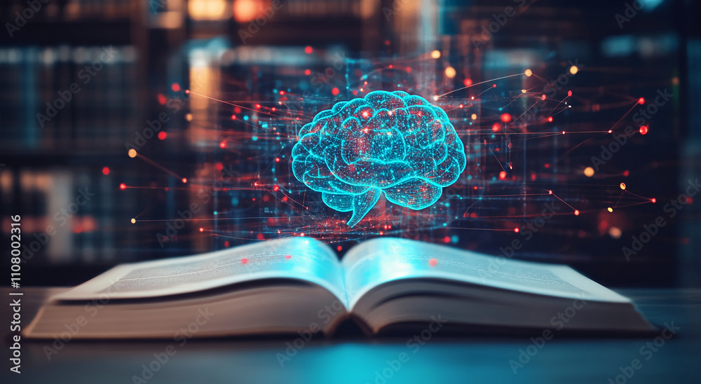 Poster Digital brain concept emerging from open book in a library setting