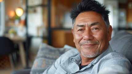 Fototapeta premium The image depicts a middle-aged man with a warm smile sitting comfortably On a gray couch or chair exuding a sense Of relaxation and contentment.